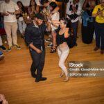 Amsterdam, The Netherlands - August 27, 2016: couple dancing salsa at the closing party at Rialto Cinema during World Cinema Amsterdam festival, a world film festival held from 18 to 27/08/2016